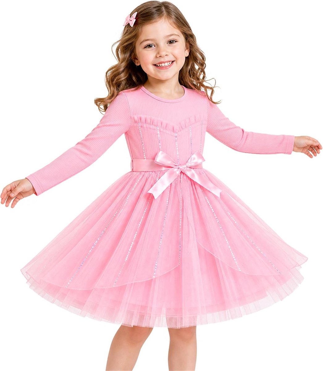 Meisjesjurk met Pailletten en Tule Prinsessenjurk, 4-5 jaar, Roze
