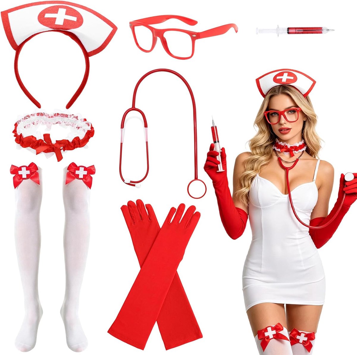 8-delige accessoireset voor vrouwen, rood-wit, klassieke verpleegster, verkleedset met hoofdband, handschoenen, kousenband, Halloween, carnaval, vrijgezellenfeest, cosplay