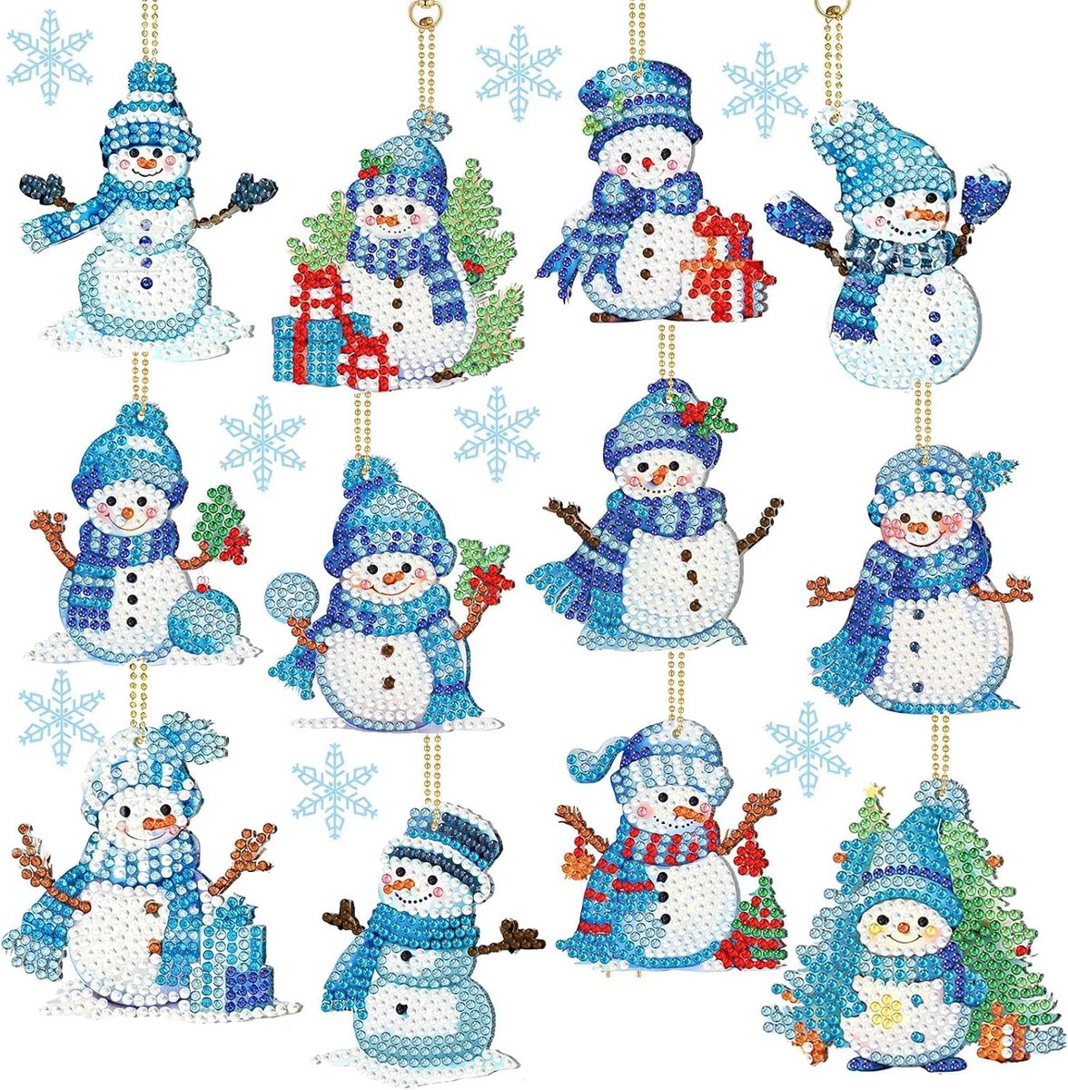 12 stuks diamantschilderij, Kerstmis, kinderen, 5D-diamond painting, kersthanger, sneeuwpop, doe-het-zelf diamond painting, sleutelhanger, aan beide zijden, knutselset, Kerstmis, kinderen