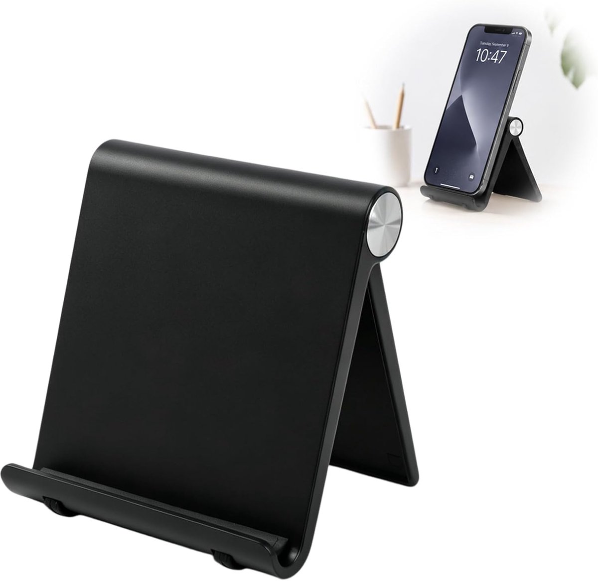 Opvouwbare en verstelbare tablethouder voor iPhone, iPad, Galaxy Tab, handsfree, stabiel, draagbaar, zwart