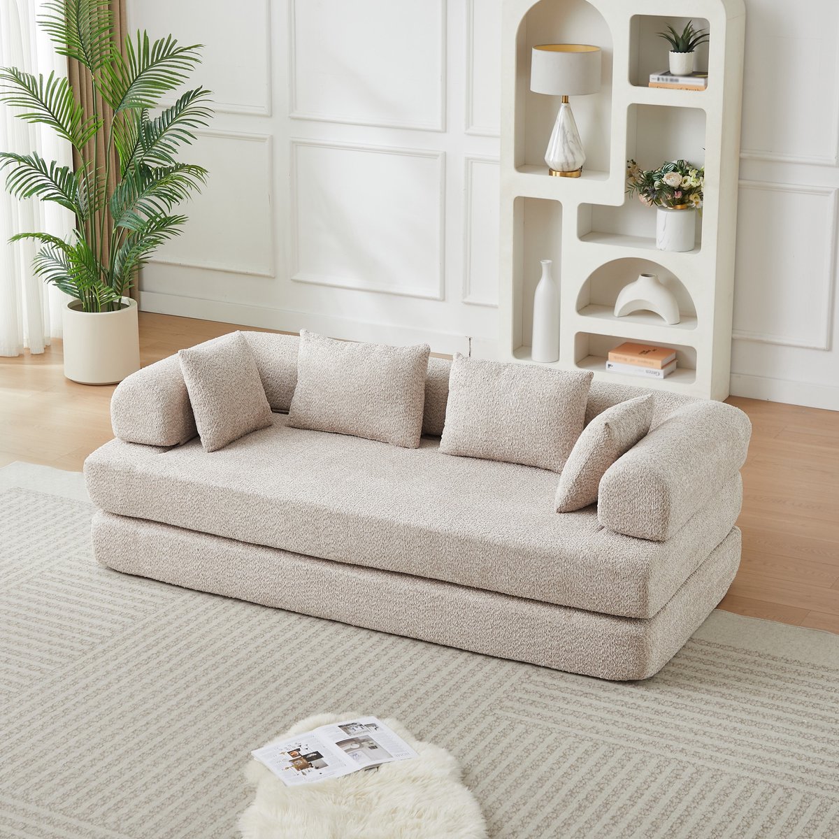 PHOEBE CAT Tweezitsbank - Slaapbank - Chenille - Geen montage nodig - Met 4 kussens - Modulair ontwerp - Kaki