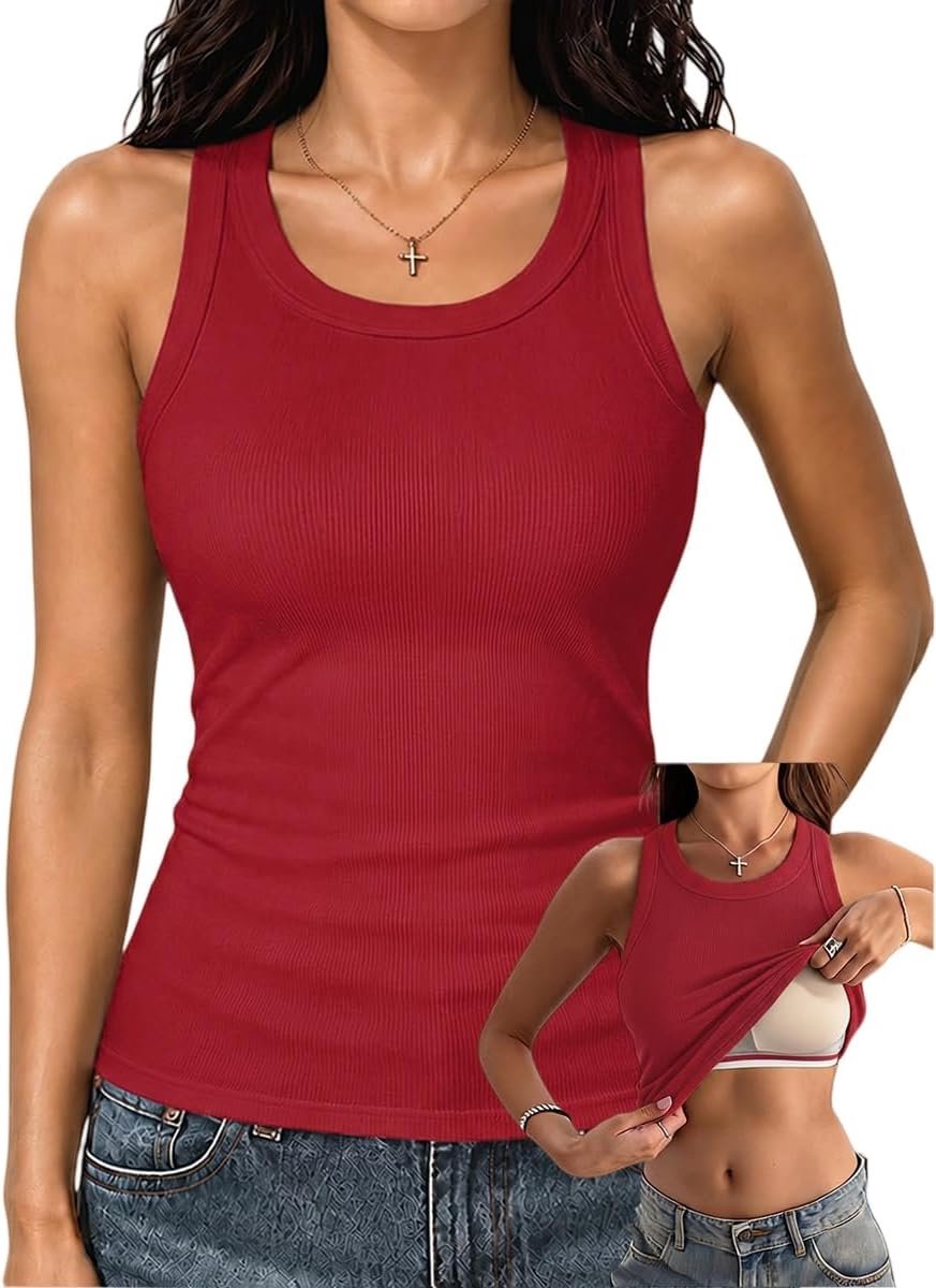 Racerback-tanktops met ingebouwde beha voor vrouwen, geribbelde basics met hoge hals, getailleerde lange beha-tanks