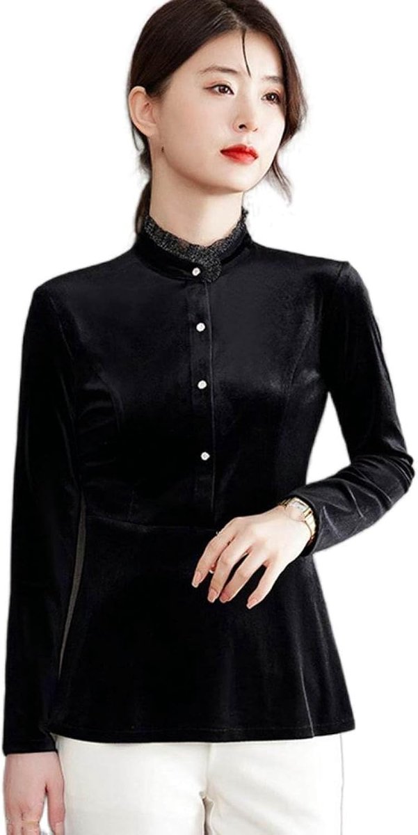 Fluwelen Shirts - Mode Lente Herfst Dames Casual Shirts Retro Lace Kraag Warm Fluwelen Tops Lange Mouwen Zwarte Taille Bottoming Shirts Casual Outdoor Business Party Kerstcadeaus, Zwart, S