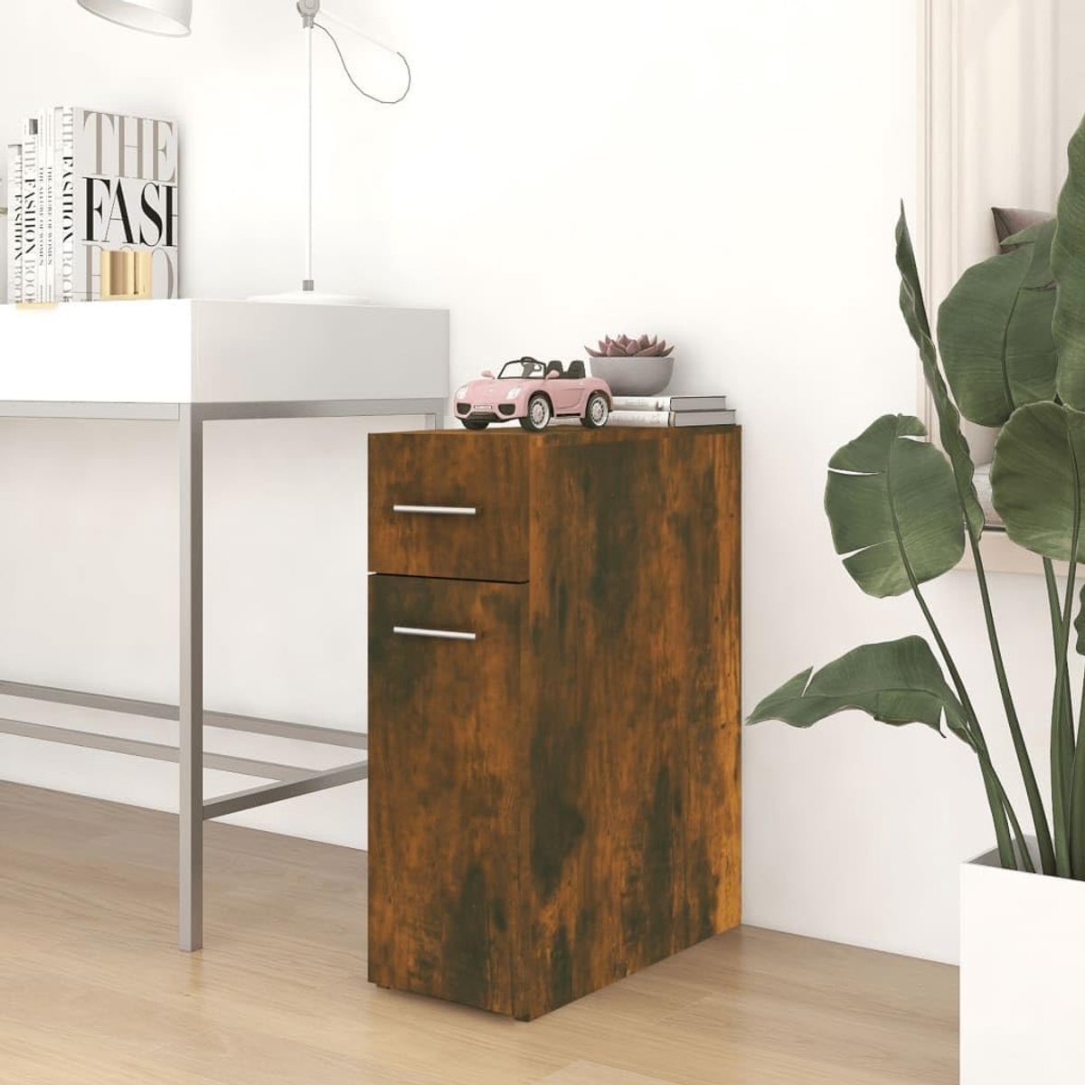 20 x 45,5 x 60 cm, smalle keukenkast van hout in rookeiken, compacte opbergkast voor huishouden, niskast