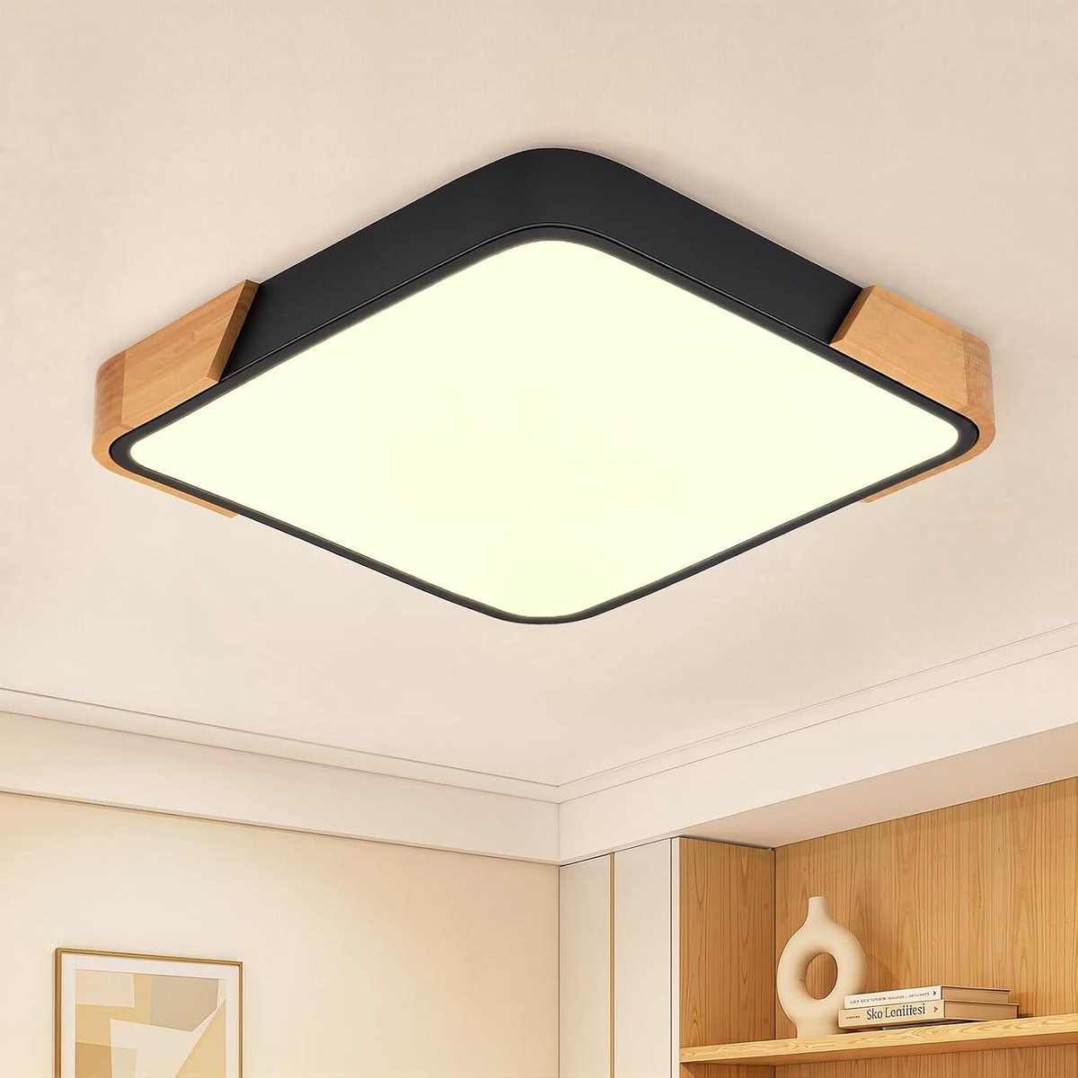 Led-plafondlamp, 24 W, rond, hout, zwart, 31 cm, 3000 K, 2400 lm