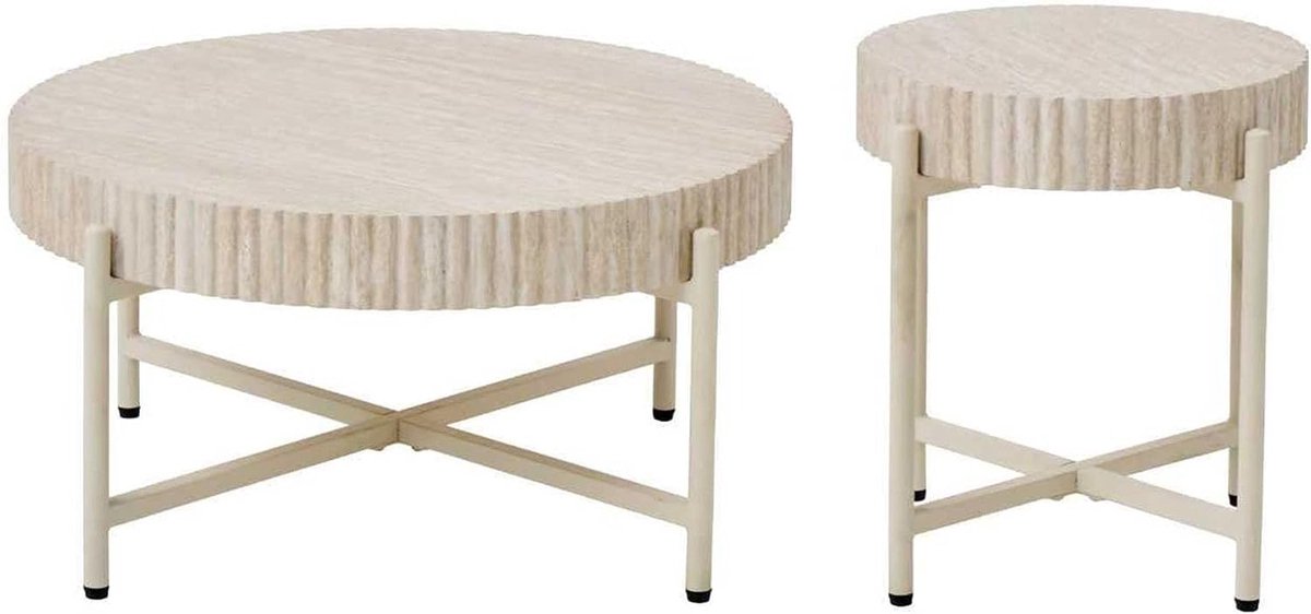 Salontafel Set Van 2 Woonkamer Tafel Met Travertijn Uiterlijk En Afneembaar Tafelblad Voor Bijtafels Modern Metalen Frame Bijtafel Slaapkamer, Crèmekleurig