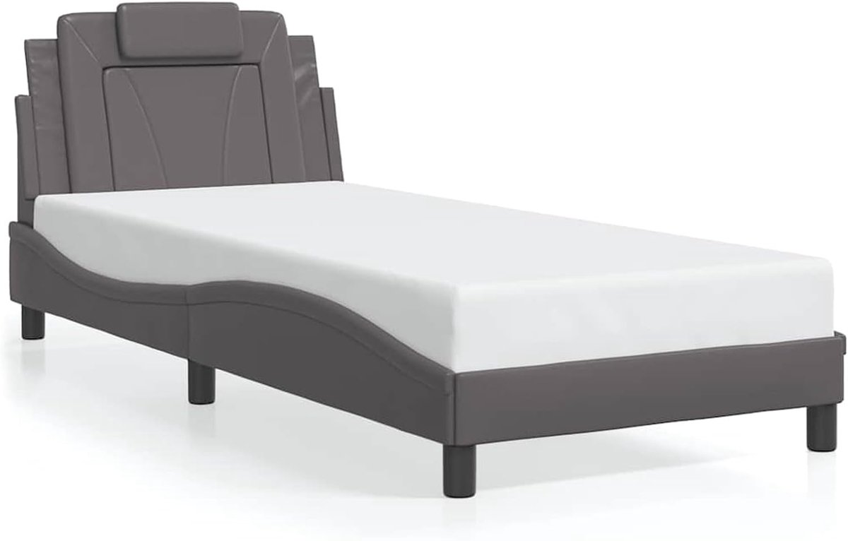 Bedframe met hoofdeinde, grijs, 90 x 200 cm, kunstleer, bedframe, familiebed met houten latten, voor slaapkamer, logeerkamer, 3208071