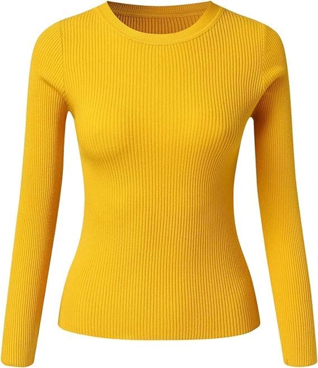 Thermo-bovendeel voor dames, gebreide trui, geribbeld T-shirt, onderhemd, basic, effen, lange mouwen, slim gebreide trui, lange mouwen, thermisch ondergoed, herfst, winter, warme top （Geel）