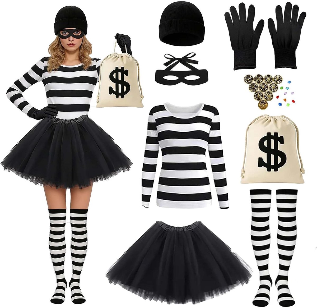 Bankroverskostuum voor dames, 9 stuks, roverskostuumset met gestreept bovendeel, gebreide muts, masker, rok, kniekousen en gouden diamanten, criminele outfit voor carnaval