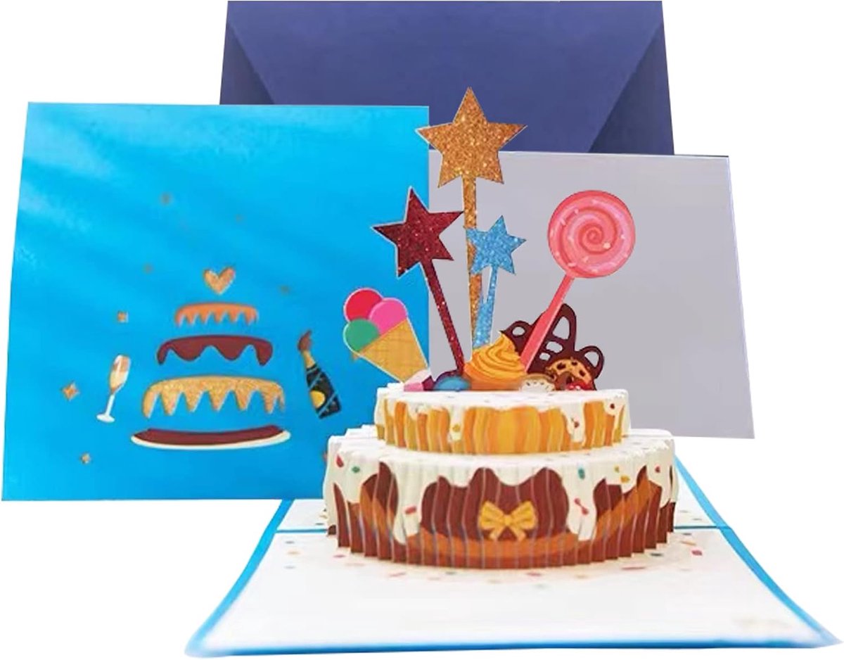 3D pop-up verjaardagskaart, 3D verjaardagskaart, 3D pop-up kaart met envelop, cadeau voor familie, vrienden en geliefden (blauw)