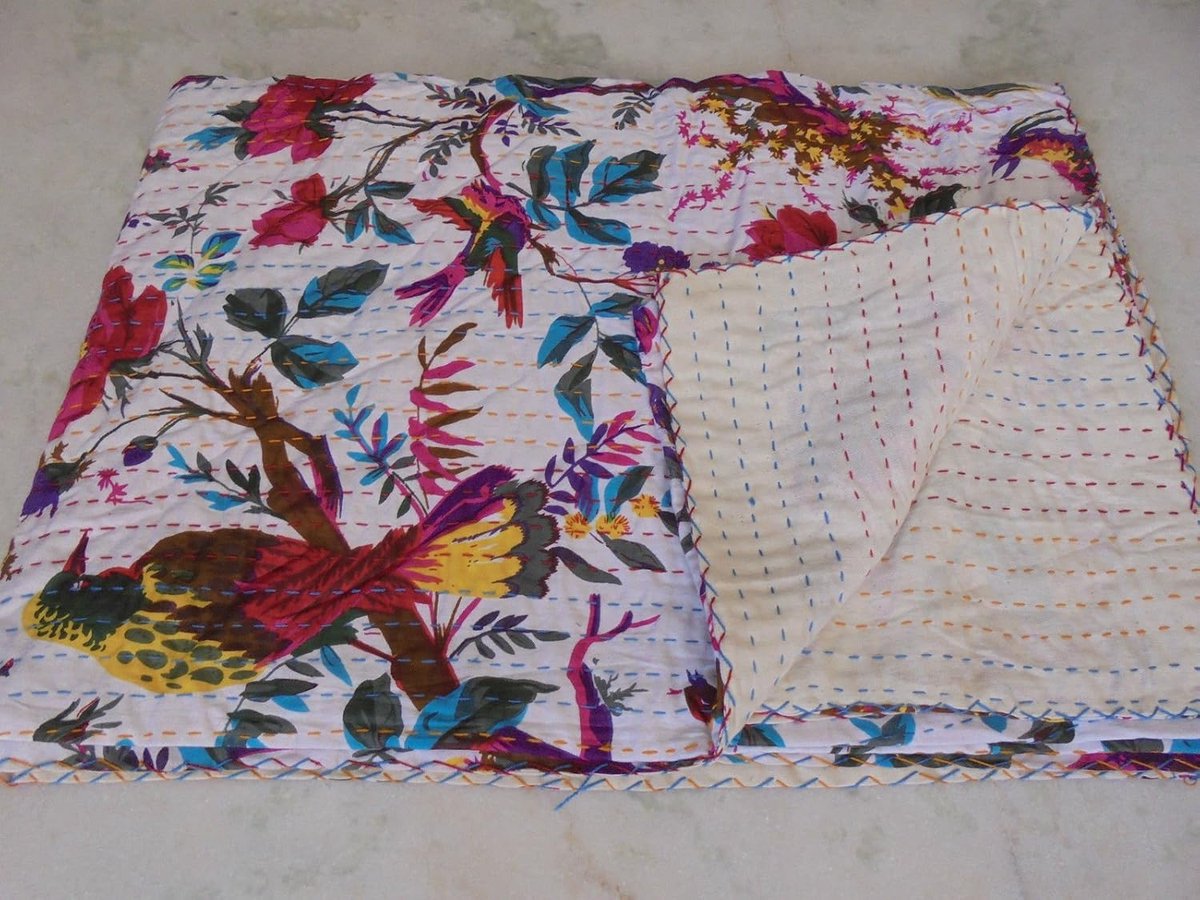 Aziatische Textiel Indiaas Katoen Kantha Quilt Gudri Gooi Twin Bloemen Handgemaakt Bed 012