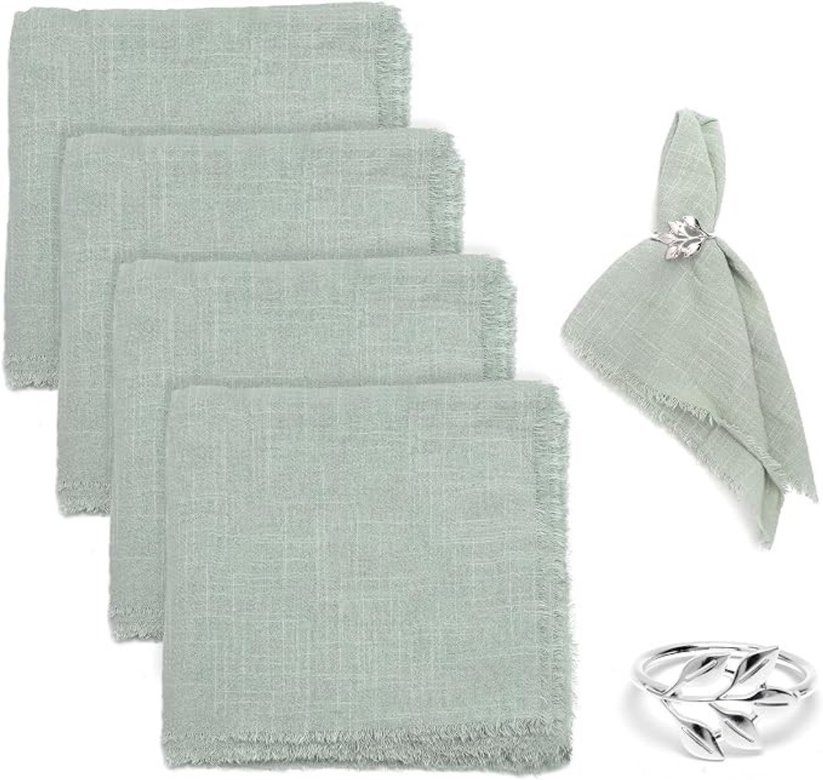 Livatto Set van 4 stoffen servetten 42x42 cm katoen groen met franjes – wasbaar en duurzaam voor elke tafel