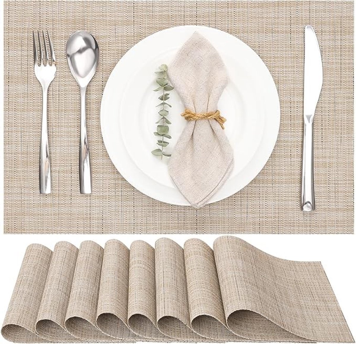 Livatto Placemats Set van 8 - Geweven Vinyl Tafelmatten - Wasbaar en Hittebestendig - Beige