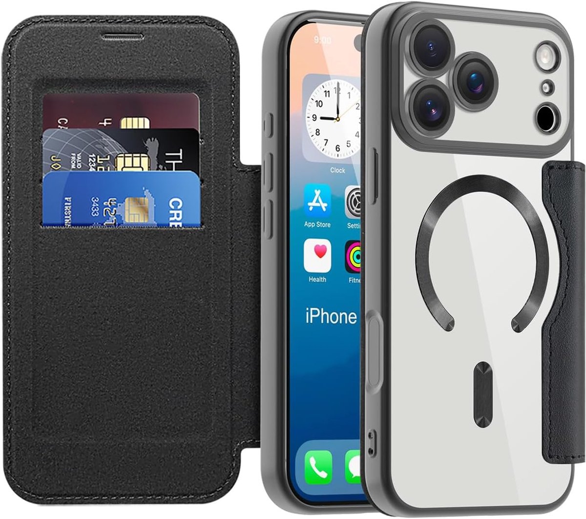 Klaphoesje voor iPhone 17 Pro Max met kaartenvak, Transparante Anti-Kras Leren Telefoonhoes [Draadloos Opladen] RFID-Blokkering Portemonnee Hoes voor iPhone 17 Pro Max, Zwart JD