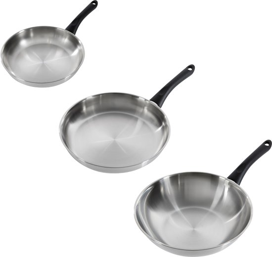 BK Bold Pannenset 3-delig - 24/28/28 cm - Koekenpannen & Wokpan - Zonder PFAS-vrije antikleeflaag - Inductie pannenset - RVS pannen - Koudgrepen - Ovenbestendig tot 160°C - Vaatwasserbestendig - Zonder deksels - Zilver