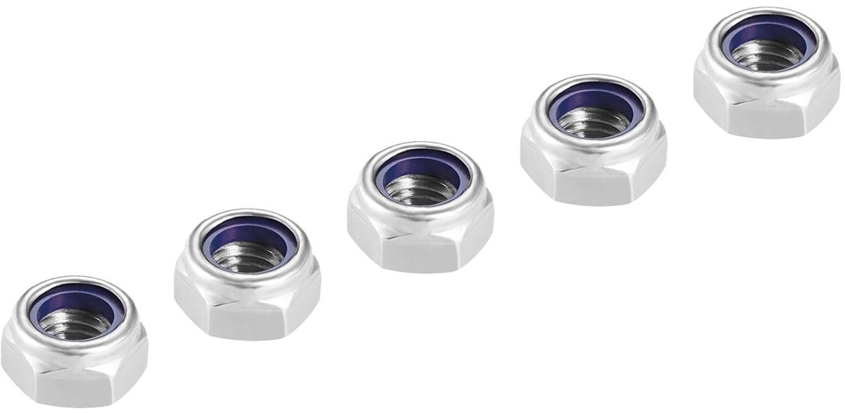 Zeskant slotmoeren (M8 x 1,25 mm) 5 stuks van roestvrij staal met nylon inzet voor auto, garage en mechanische toepassingen - duurzame zilverkleurige sluitingen