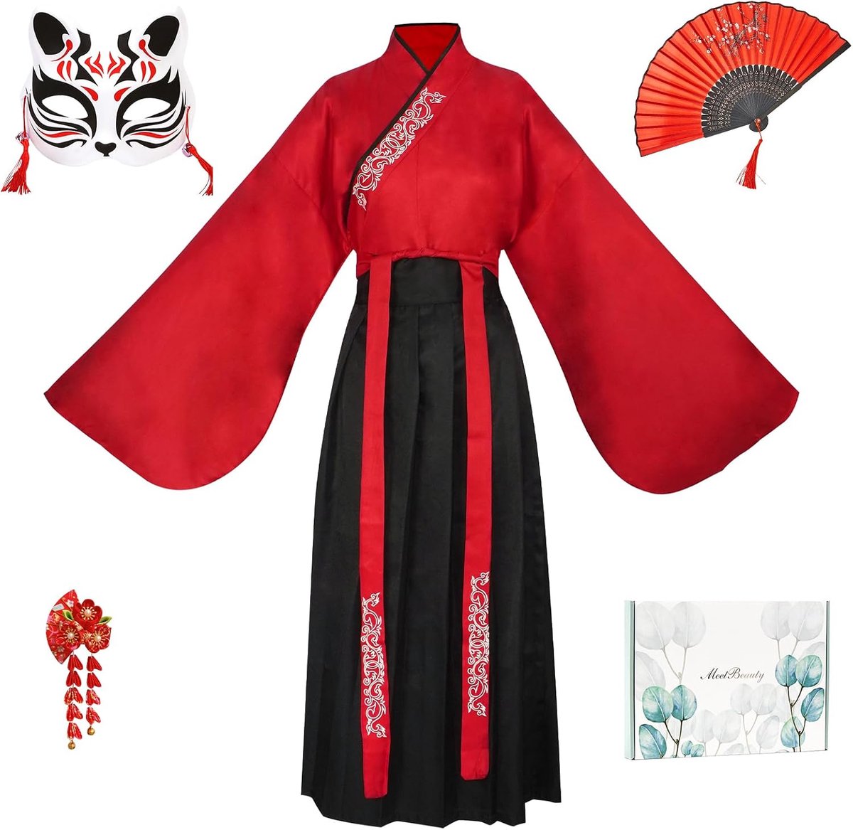 Hanfu-jurk Dames– Grote Maat (44-48 EU), Chinees Cosplaykostuum met Masker,Verstelbare Tailleband | Comfortabel en Ademend | voor Carnaval Oosterse Cosplay Feesten