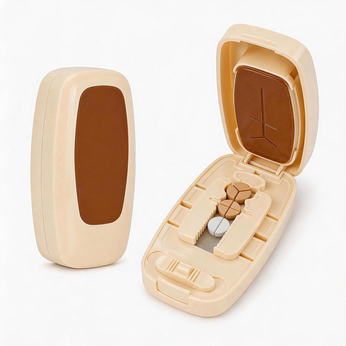 Nauwkeurige pillensnijder in 2 en 4, tabletverdeler, precisie-pillensnijder, met opbergvak, eenvoudige snede, geschikt voor dagelijks gebruik en reizen (beige)