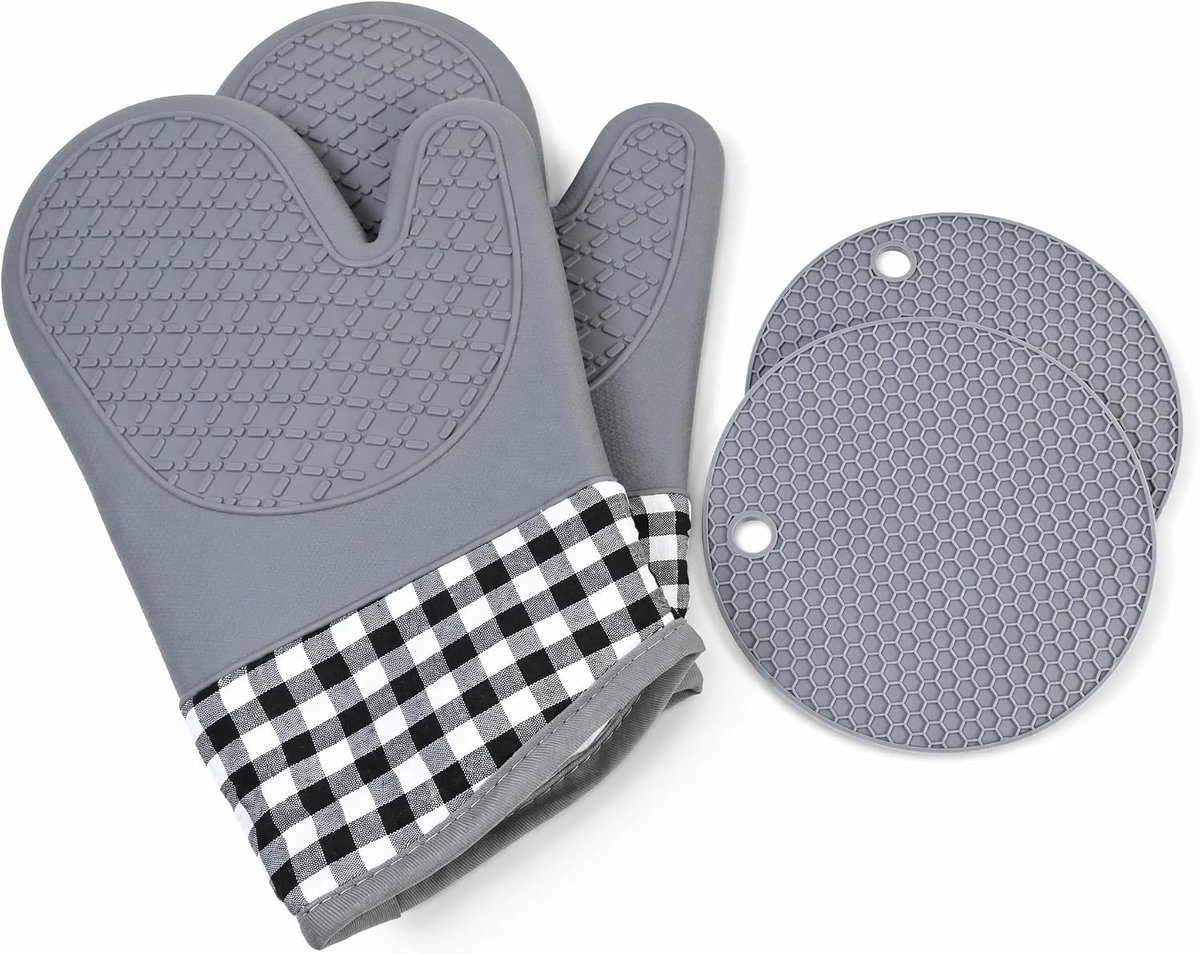 Horno, 1 paar Guantes Horno Cocina en 2 Salvamanteles Ollas Calientes, ovenhandschoenen van Silicona, extra groot, anti-deslizant en hittebestendig, Accesorios de Cocina