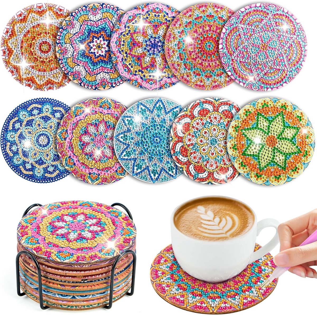 10 diamantkunst onderzetters met houder, voor kopjes, diamantkunst voor volwassenen, om te knutselen, doe-het-zelf 5D mandala onderzetters, antislip, voor beginners, volwassenen en kinderen