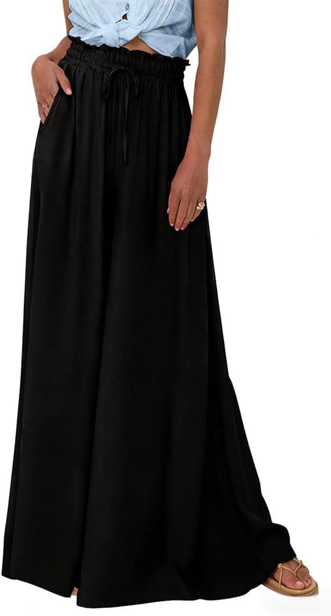 zomer, vloeiende broek, dames, brede hoge taille, chique en elegant, palazzo-broek met zakken
