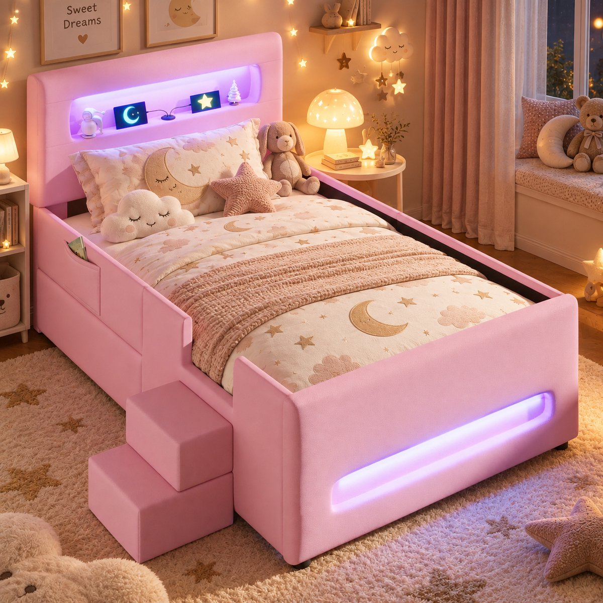 Welltin Kinderbed 90x200 cm - Eenpersoonsbed - Gestoffeerd bed - Multifunctioneel bed - Vloerbed - Met USB-oplaadpoort - Met led-lichtstrip - Met lade - Met opbergvak - Roze