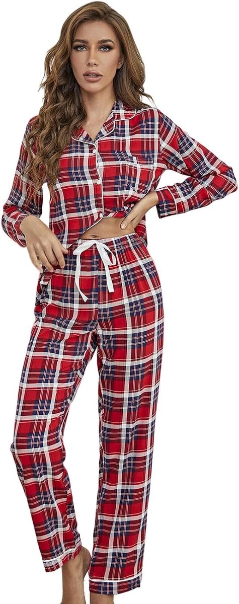 Pajama Set Women'S Classic Plaid Cardigan Pajamas, Red Long Sleeve Pajamas, Comfortable Loungewear Set-A-M