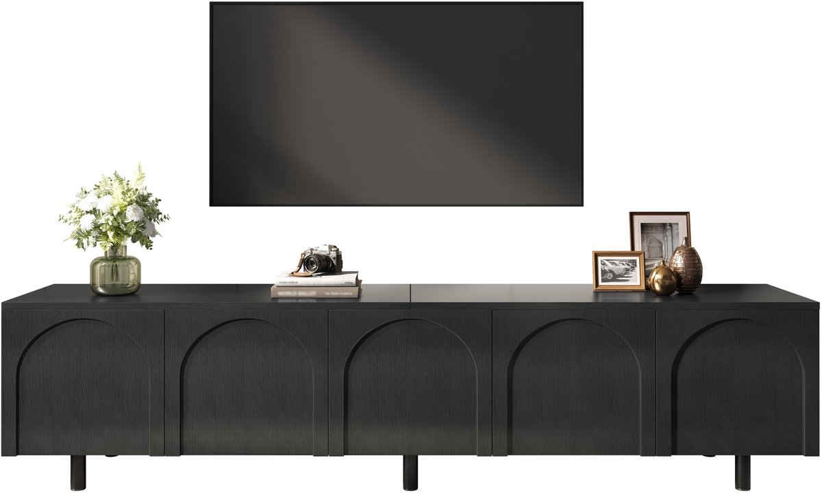tv meubel Zwart 180 cm - 5 deuren met elegant boogdesign - Geïntegreerd kabelmanagement - Stabiele metalen poten - Draagvermogen 50 kg