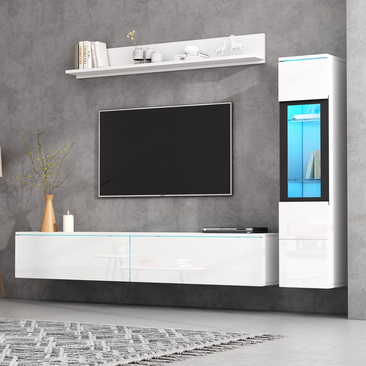 3-delige TV-wandset (inclusief vitrinekast en hangend rek) - voor woonkamer - 180 cm - wit - hoogglans met RGB LED-verlichting via app - greeploos push-to-open deuren - vrijstaand of wandmontage mogelijk