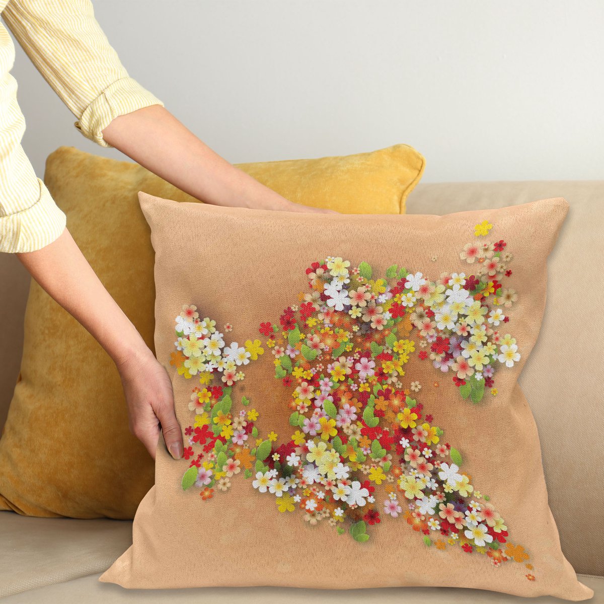 ABAKUHAUS Bloemen Kussenhoes, Zomer Sale Banner Kunst, Wasbare Kleurechte Kussenhoes met Digitale Dubbelzijdige Print en Ritssluiting, 40 x 40 cm, Oranje Rood en Wit