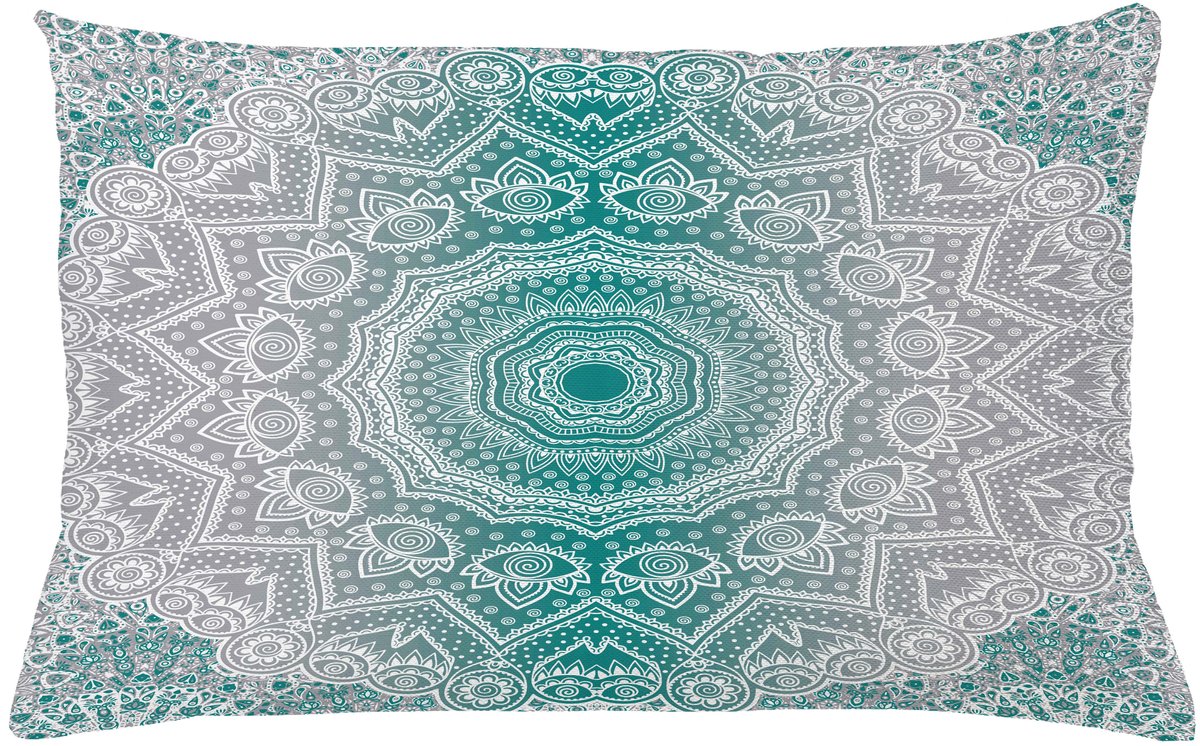 ABAKUHAUS Grijs en Teal Kussenhoes, Mandala Occult Motief, Van Kleurechte Wasbare Stof, Dubbelzijdige Print met Stevige Ritssluiting, 65 x 40 cm, Grijs Teal