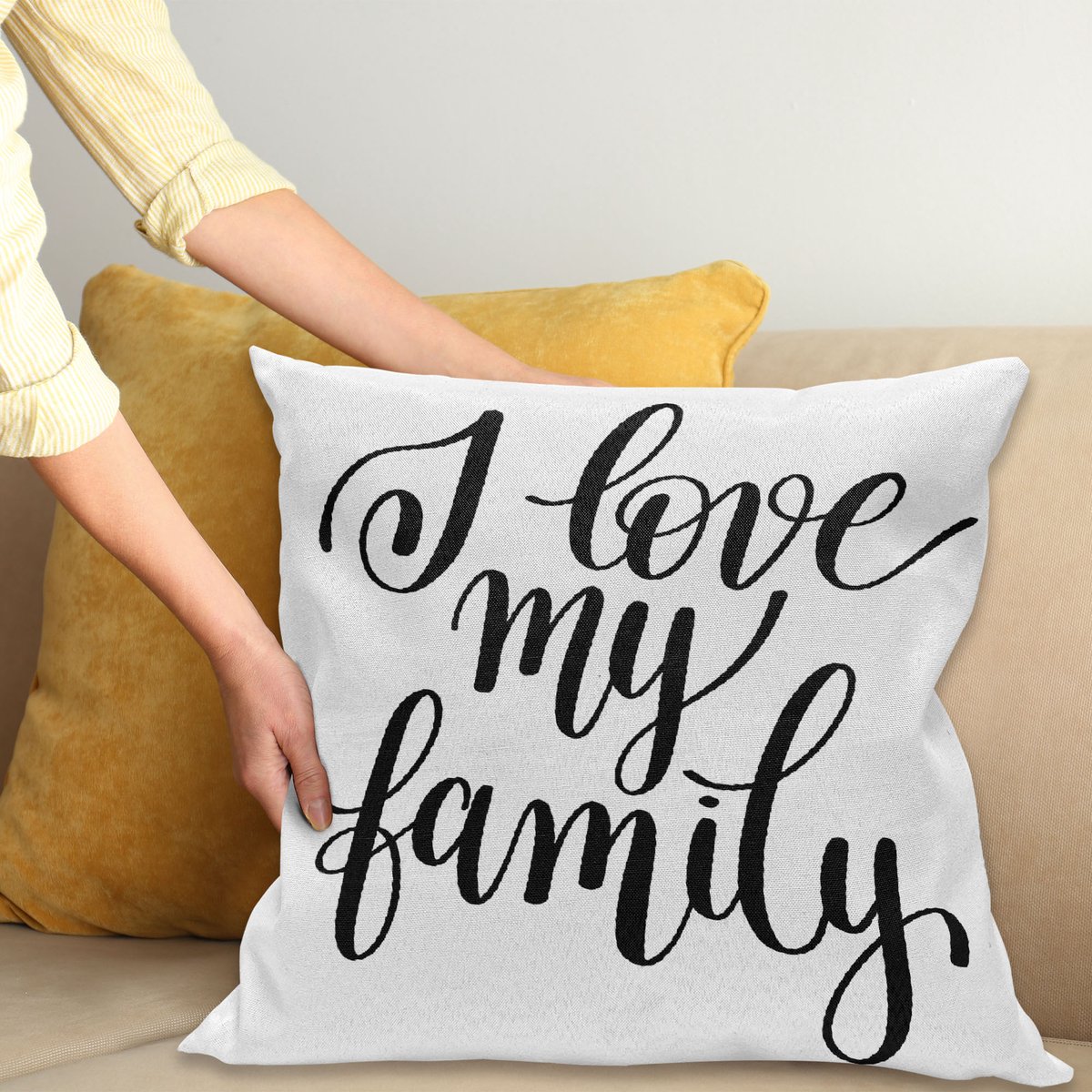 ABAKUHAUS Citaat Kussenhoes, Familie Writing, Kussenhoes met Ritssluiting en Dubbelzijdige Print, 45 x 45 cm, Zwart en Wit