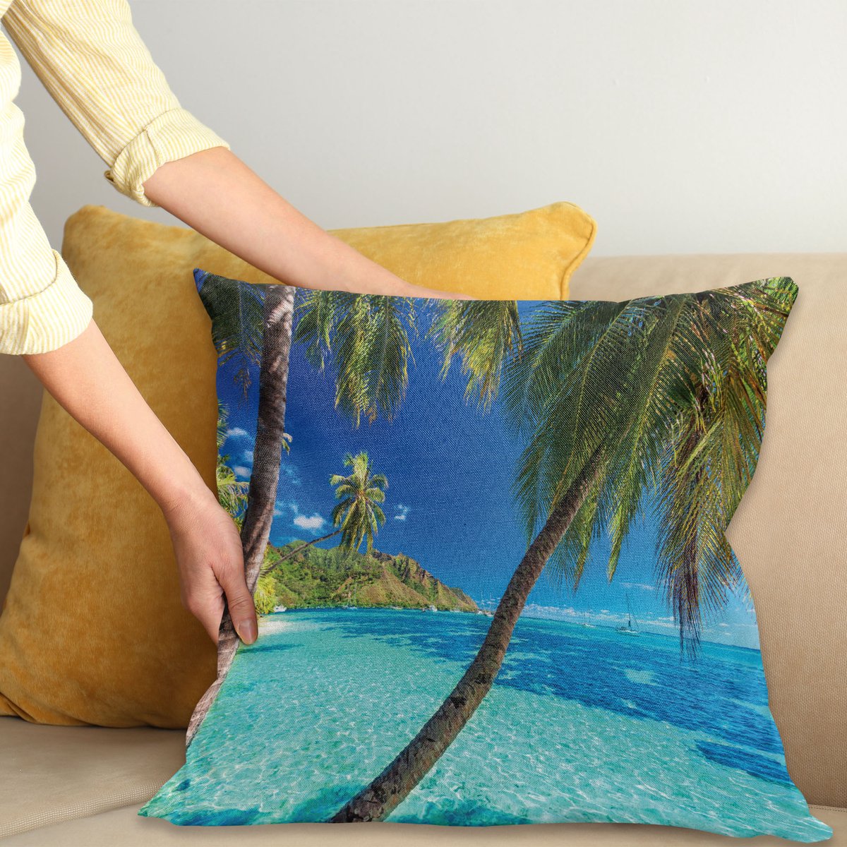 ABAKUHAUS Tropisch Kussenhoes, Palmen, Zee, Strand, Digitale Print, Waterbestendig, Kleurecht, Wasbare Kussenhoes met Ritssluiting, 45 x 45 cm, Turquoise Blauw