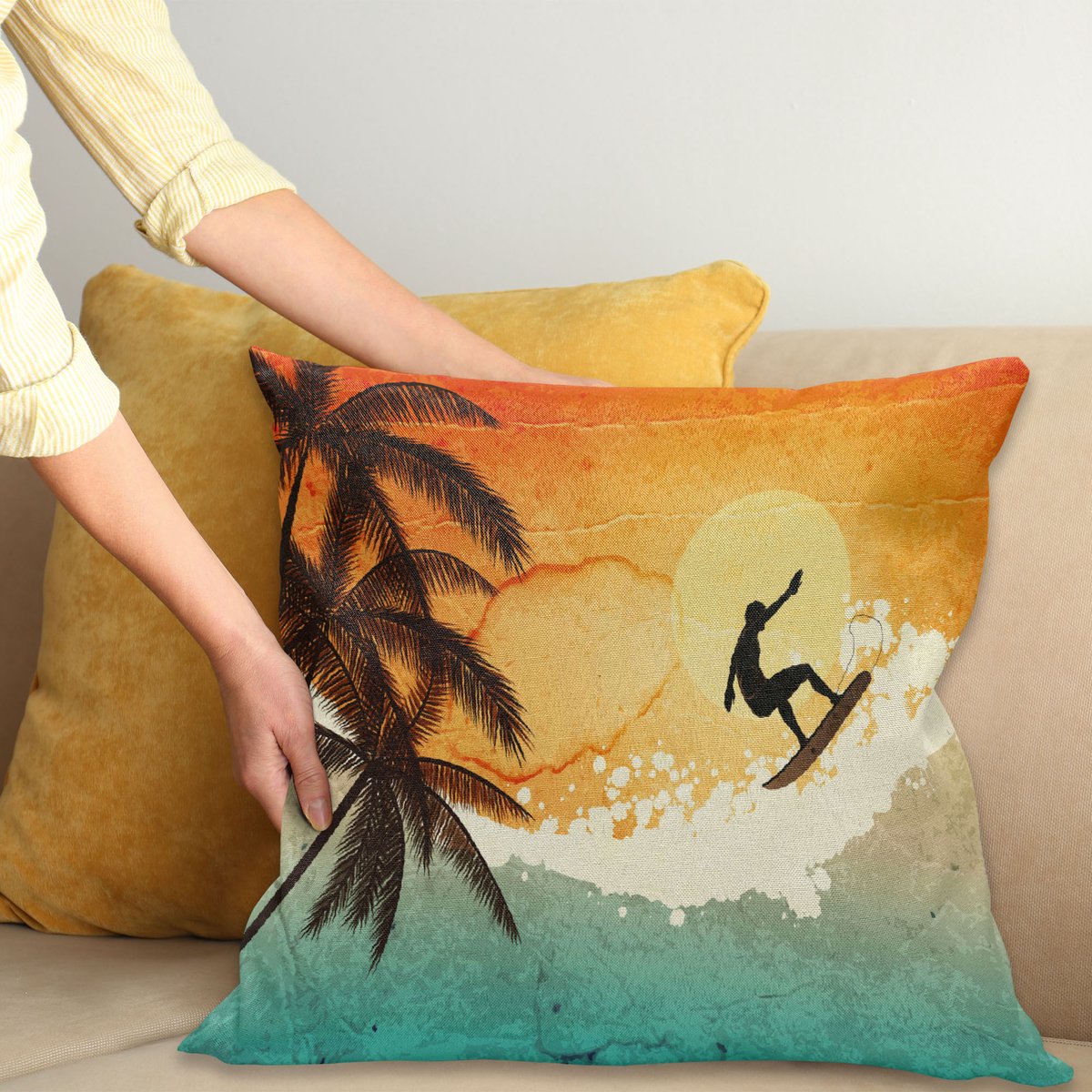 ABAKUHAUS Grunge Kussenhoes, Surfer Zee Palms Sunset, Water- en Vuilafstotend, Wasbaar, Dubbelzijdige Print met Ritssluiting, 45 x 45 cm, Oranje Turquoise Zwart
