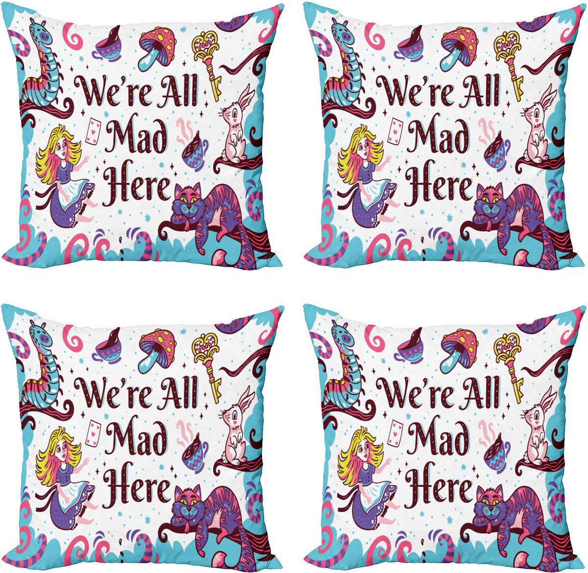 ABAKUHAUS Fantasie Sierkussen Kussenhoes 4er Set, Alice in Wunderland, Modern Accent Dubbelzijdige Digitale Print, 45 x 45 cm, Meerkleurig