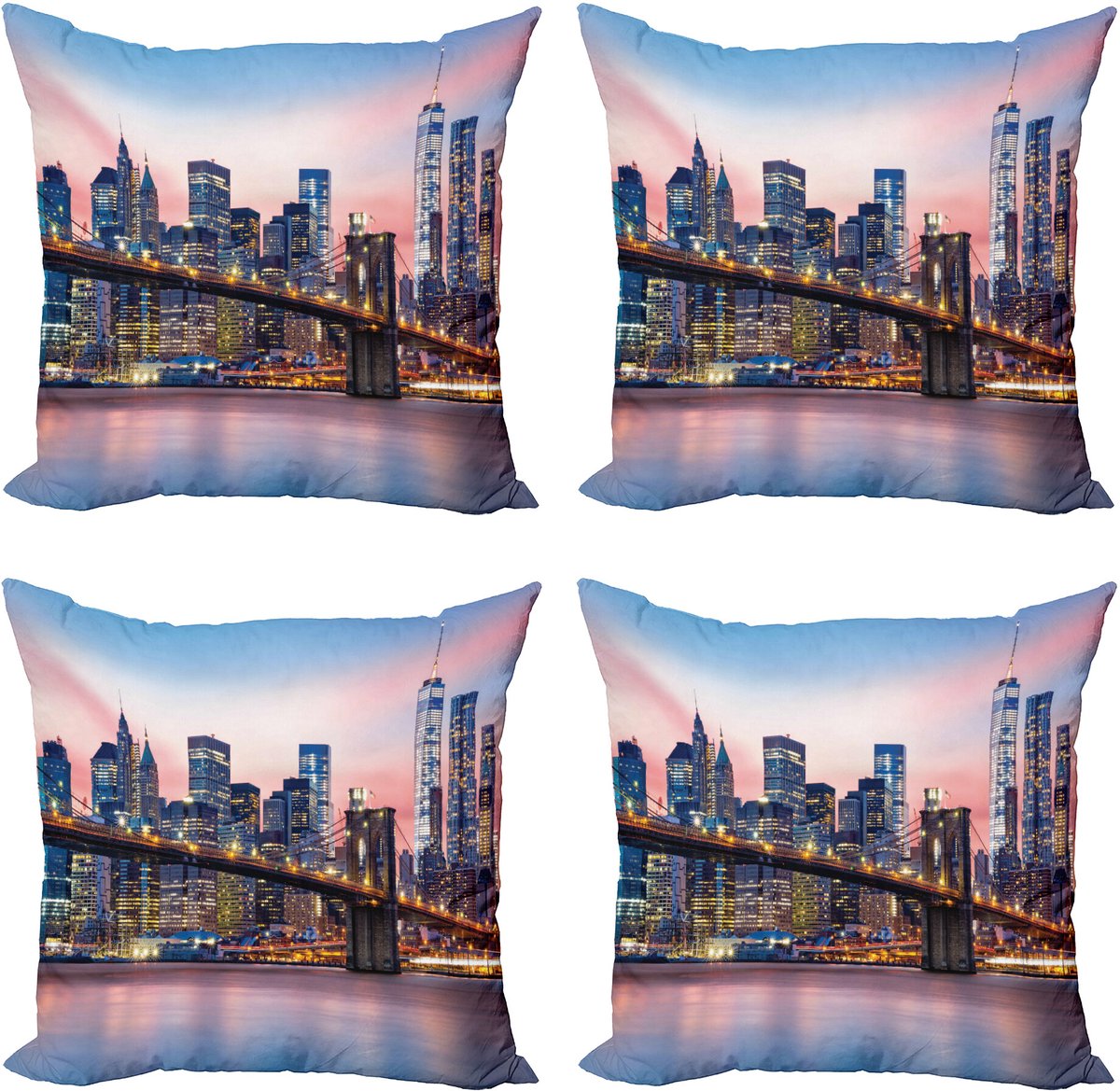 ABAKUHAUS Stad Sierkussen Kussenhoes 4er Set, Sonnenaufgang in Brooklyn Bridge, Modern Accent Dubbelzijdige Digitale Print, 40 x 40 cm, Blauw