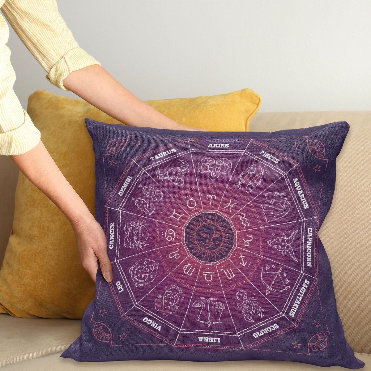 ABAKUHAUS Lila Kussenhoes, Kleurrijke Astrologie Zeichen, Wasbare Sierkussenhoes voor Binnen/Buiten, Dubbelzijdige Print met Ritssluiting, 40 x 40 cm, Lila