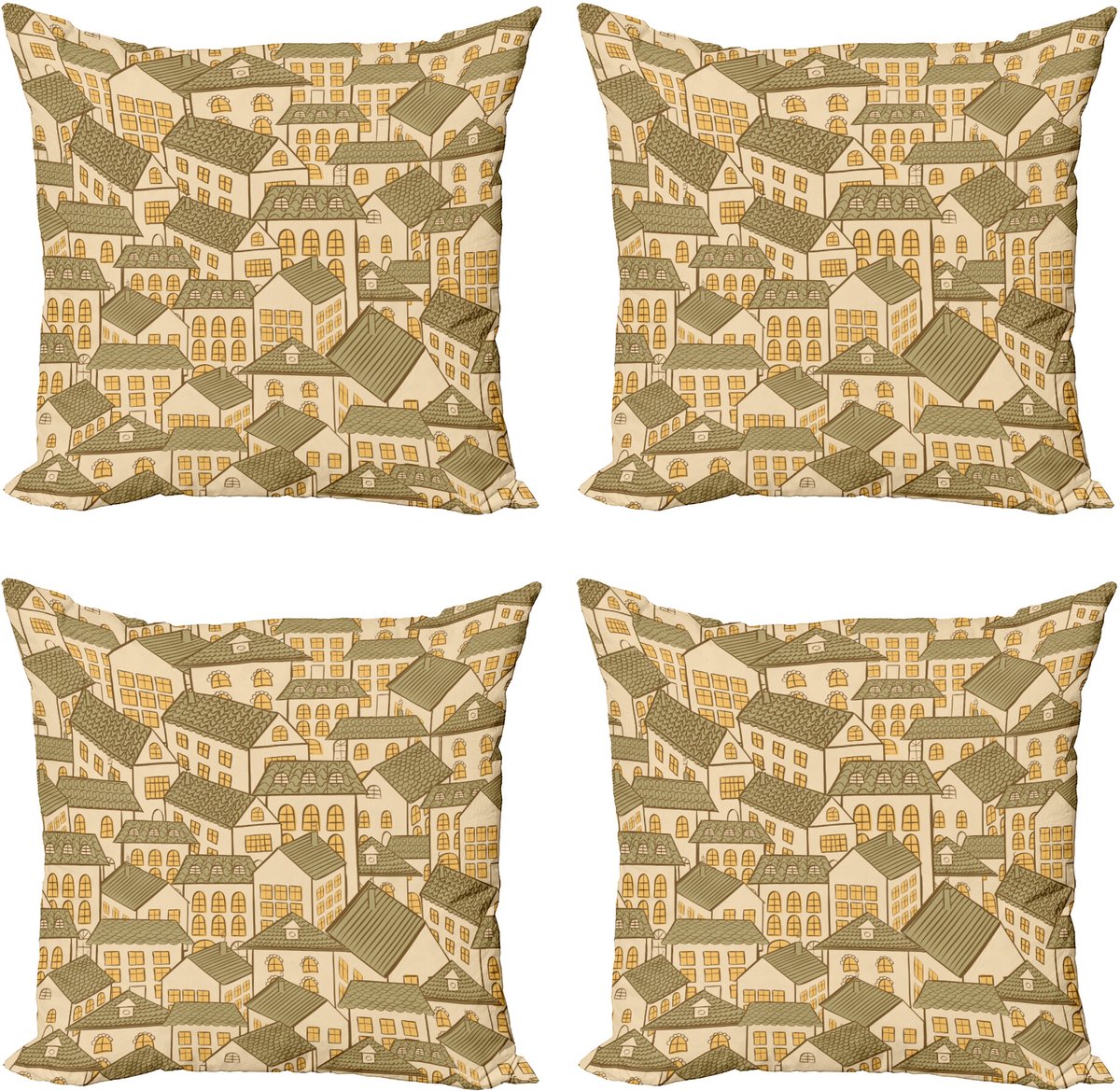 ABAKUHAUS Retro Sierkussen Kussenhoes 4er Set, Dorf Stadthäuser Dächer, Modern Accent Dubbelzijdige Digitale Print, 45 x 45 cm, Reseda Groen Zand Bruin