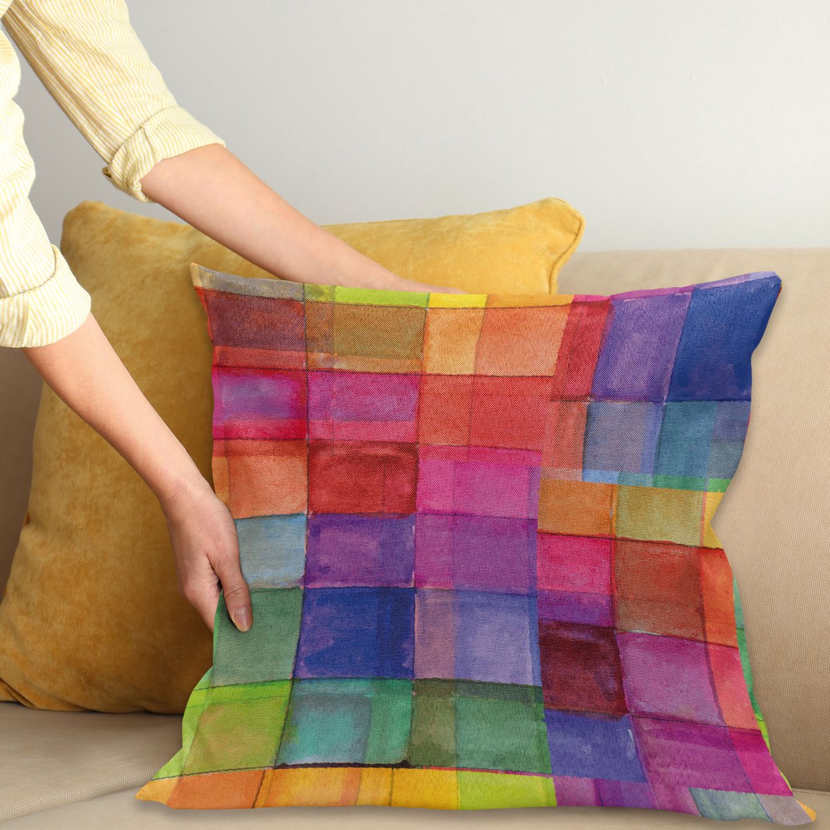 ABAKUHAUS Abstract Kussenhoes, Regenboog-Kleuren-Quadrate, Wasbare Kleurechte Kussenhoes met Digitale Dubbelzijdige Print en Ritssluiting, 50 x 50 cm, Meerkleurig