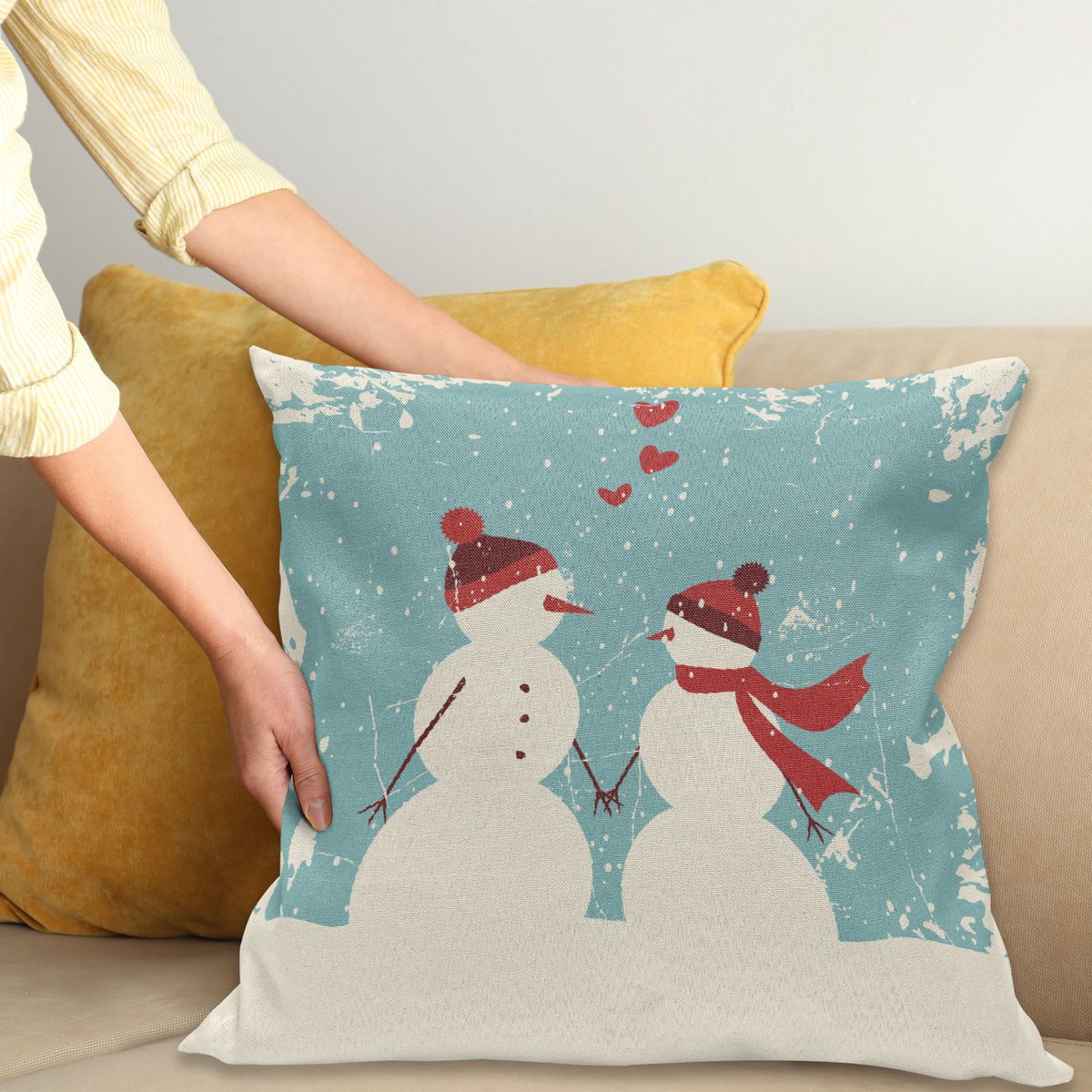 ABAKUHAUS Kerstmis Kussenhoes, Schneemann-Frauen-Liefde, Van Kleurechte Wasbare Stof, Dubbelzijdige Print met Stevige Ritssluiting, 40 x 40 cm, Zeegroen Rood Crème