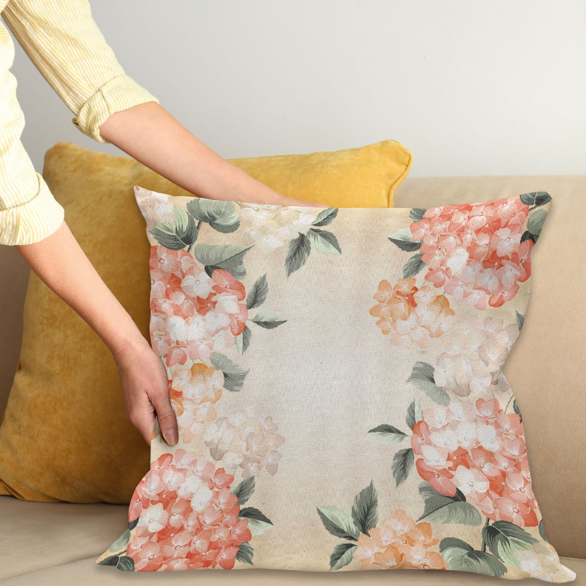 ABAKUHAUS Bloemen Kussenhoes, Bloeiend Hydrangea Bloemen, Wasbare Kussenhoes met Ritssluiting, Kleurechte Heldere Kleuren en Dubbelzijdige Print, 40 x 40 cm, Reseda Groen Lachs