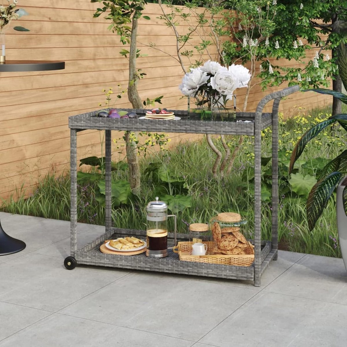 Barwagen, serveerwagen, wijnrek met wieltjes voor keuken, slaapkamer, badkamer, kantoor, polyrotan, grijs, 100 x 45 x 83 cm