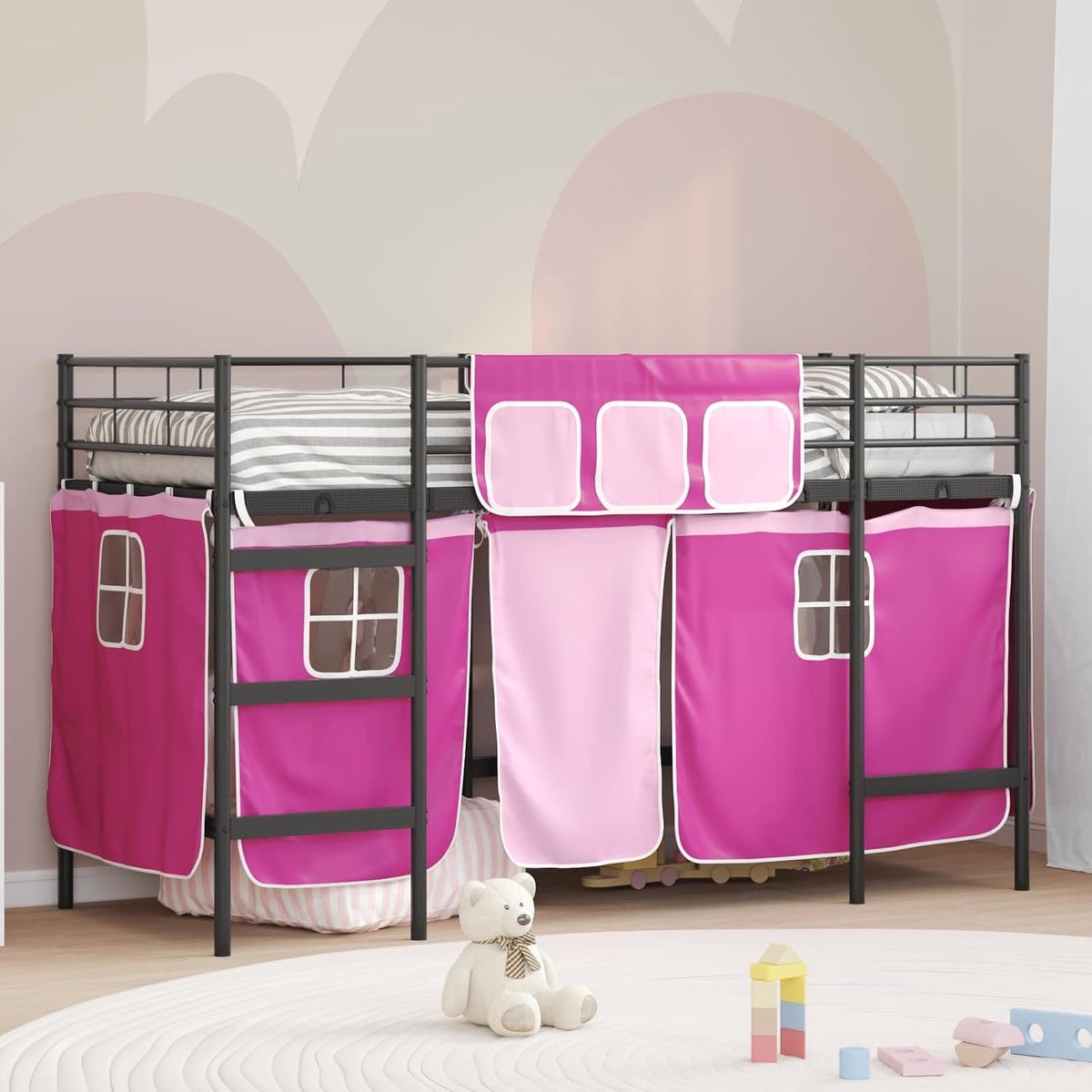 Frame met gordijnen Speelhoekbed Zwart en roze 90 x 190 cm