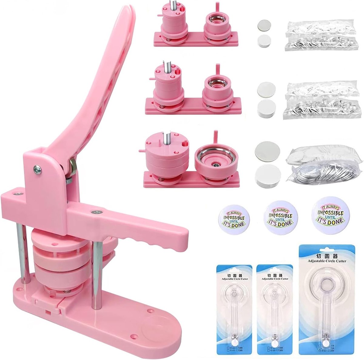 25 + 32 + 58 mm, push-pull-DIY pers-badge met 300 knoppen en 3 cirkelsnijders, buttonmachine voor doe-het-zelf geschenken, pinmaker, roze