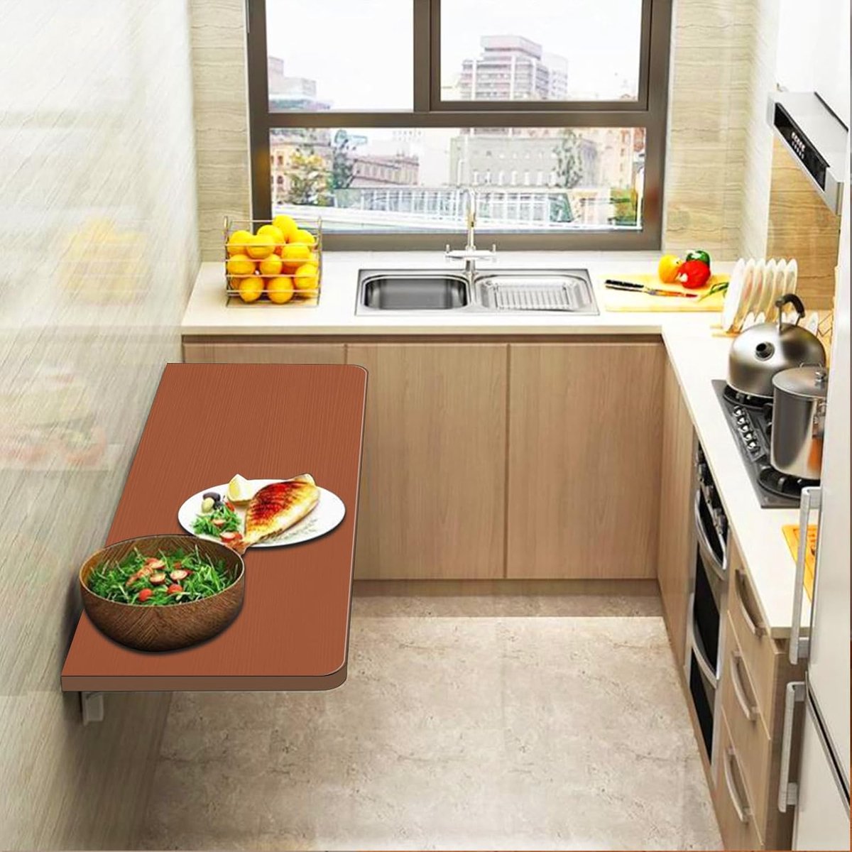 Wandtafel, inklapbaar, klaptafel, ruimtebesparend voor wandmontage, keukentafel, eettafel, bistrotafel, buffettafel, hangtafel, computertafel, zwevend zwevend-60 * 30 * 1.6cm-teakkleur