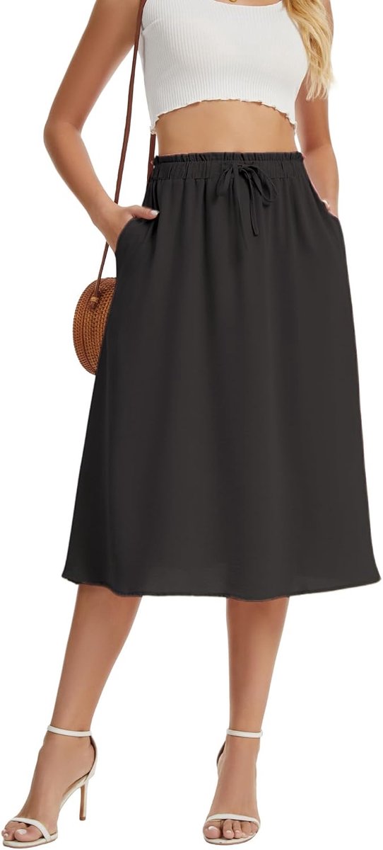 Rokken voor Vrouwen A-Lijn Elegante Hoge Taille Midi-Rok Met Trekkoord Zomer Lichtgewicht Casual Met Zakken