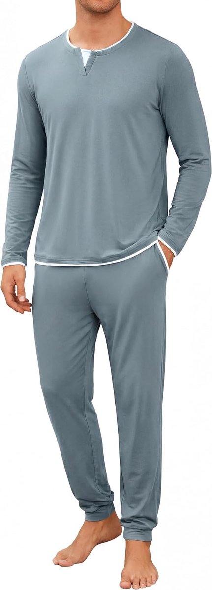 Pyjama voor heren, winter, katoen, ronde hals, pyjamaset, lange mouwen, effen top met overlappend kraagdesign en comfortabele broek