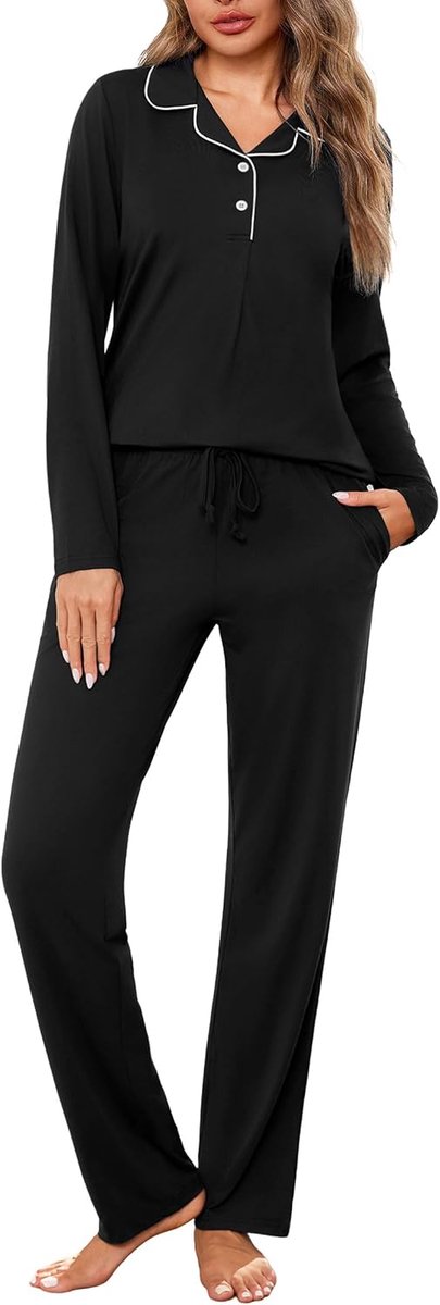 damespyjama van katoen, tweedelige pyjama voor dames, winter, bovendeel met open voorkant en knopen en lange broek met zakken, comfortabel, casual