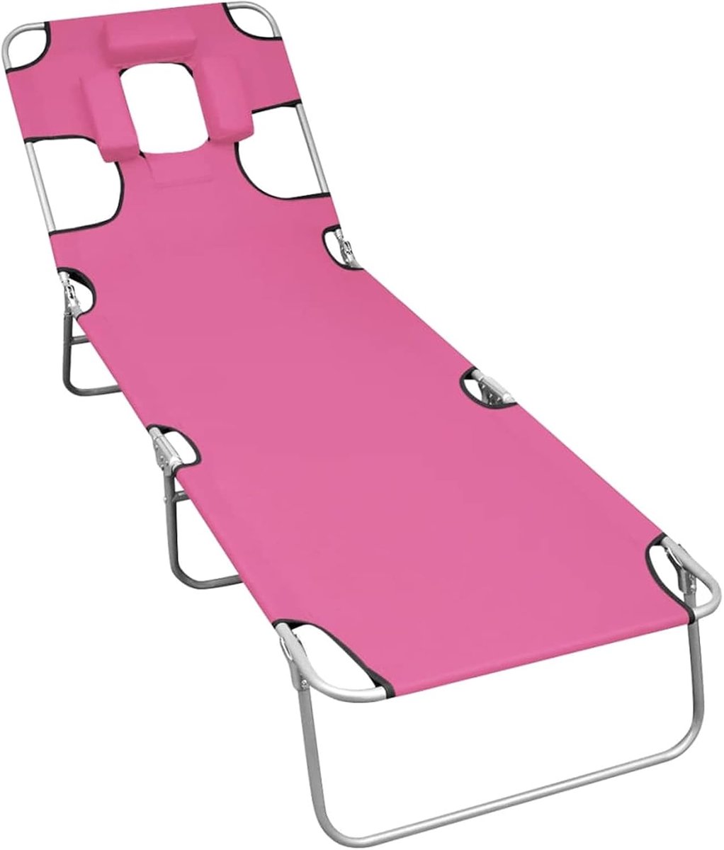 Opvouwbare zonneligstoel met hoofdsteun van staal, strandstoel voor zwembad, tuin, campingbed, opvouwbaar, 189 x 58 x 27 cm, roze magenta