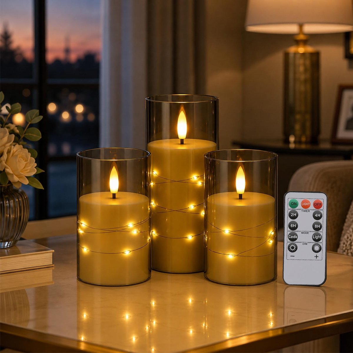 Led-kaarsen, met lichtsnoer, werkt op batterijen, set van